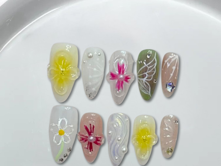 3d aurora hand drawn butterfly flowers Almond Nails-XHS301 on Sale