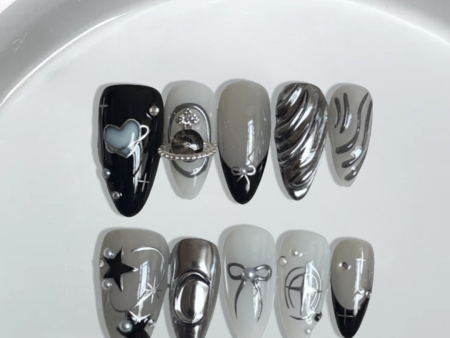 Black, gray and silver hand-painted hearts Almond nails-XHS239 Online Hot Sale